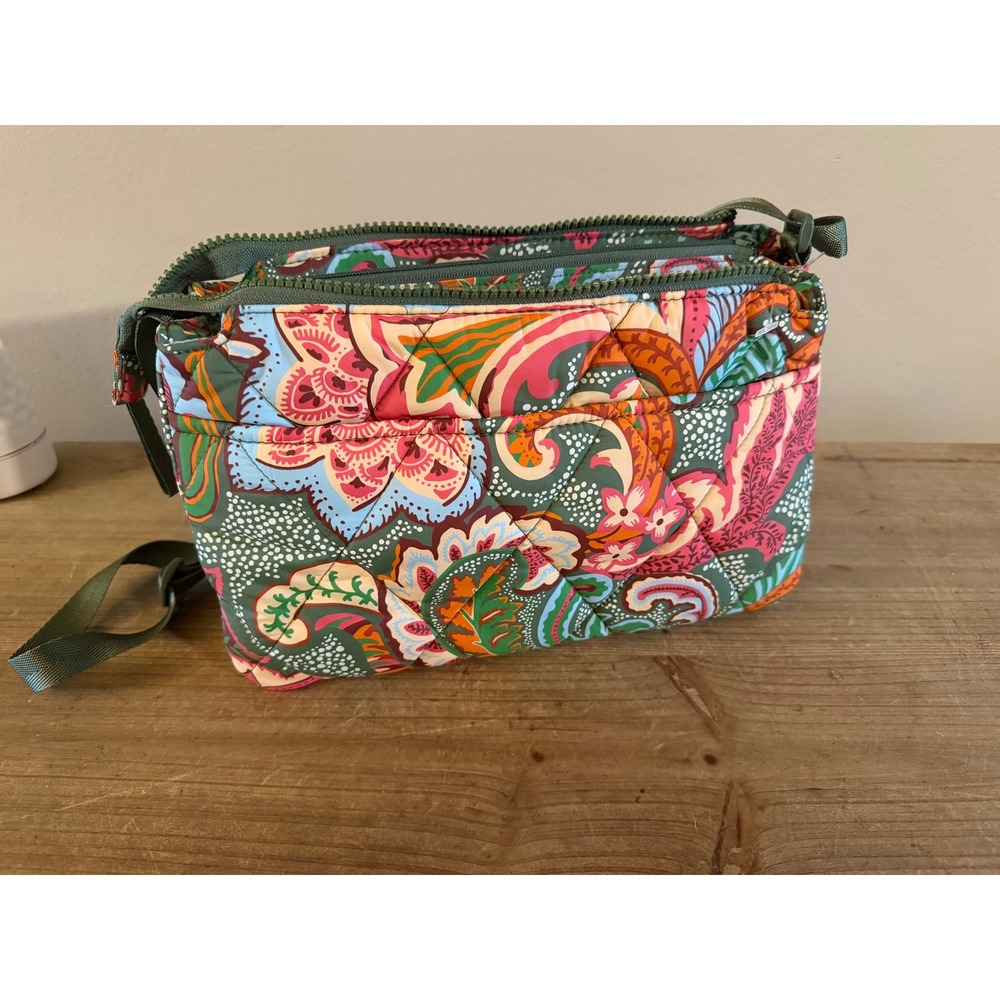 Vera Bradley Triple Zip Hipster Crossbody Bag Quilted Paisley Floral‎ Green Pink